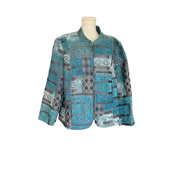 Dressbarn Blue & Black Textured Jacket Size 3XL Tribal Print Blazer - Picture 10 of 10